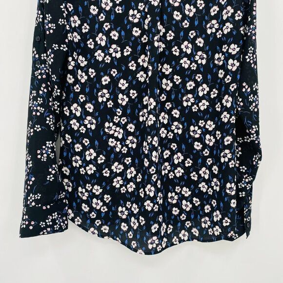 Express Size Small Black & Blue Floral Long Sleeve Button Down Career Blouse Top - Picture 8 of 9